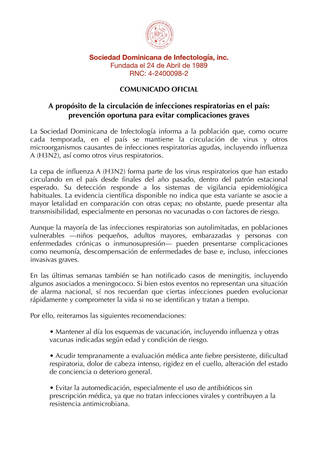 A propósito de la circulación de infecciones respiratorias en el país: prevención oportuna para evitar complicaciones graves