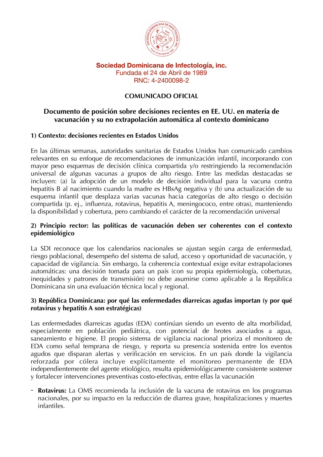 Posición ante cambios recientes en vacunación en EE.UU.