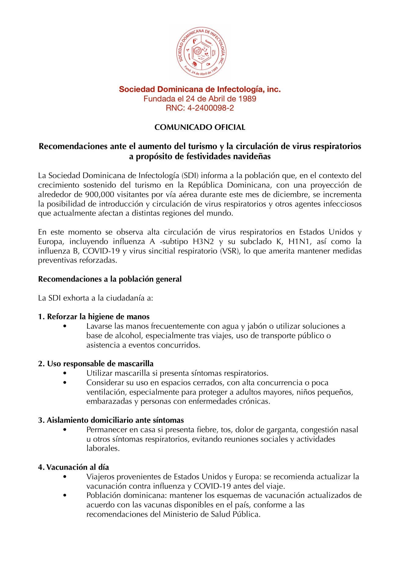 Recomendaciones ante el aumento del turismo y la circulación de virus respiratorios a propósito de las festividades navideñas